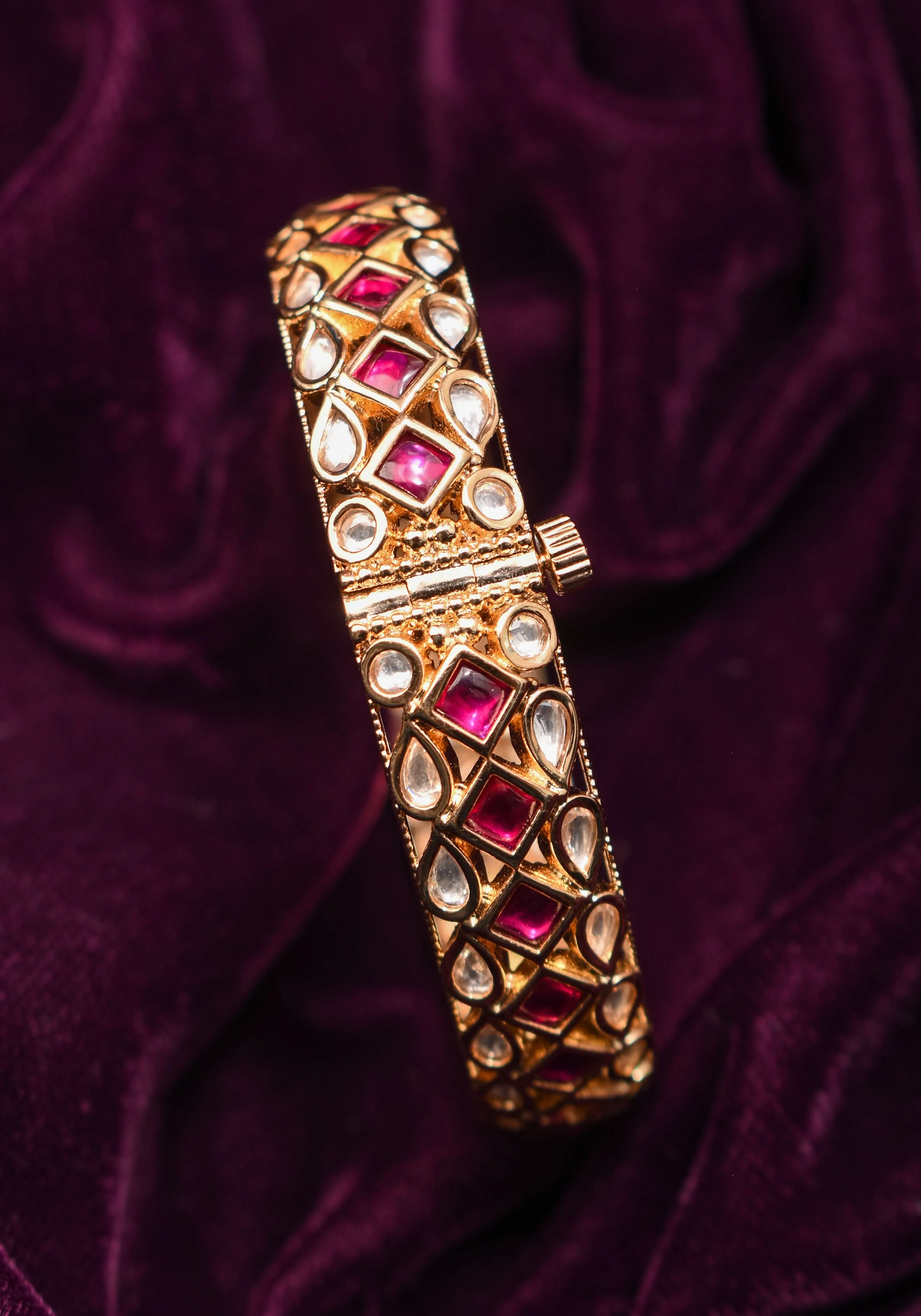 White and Pink Kemp Stone Studded Openable kada - Single Piece |Shobitam Jewelry