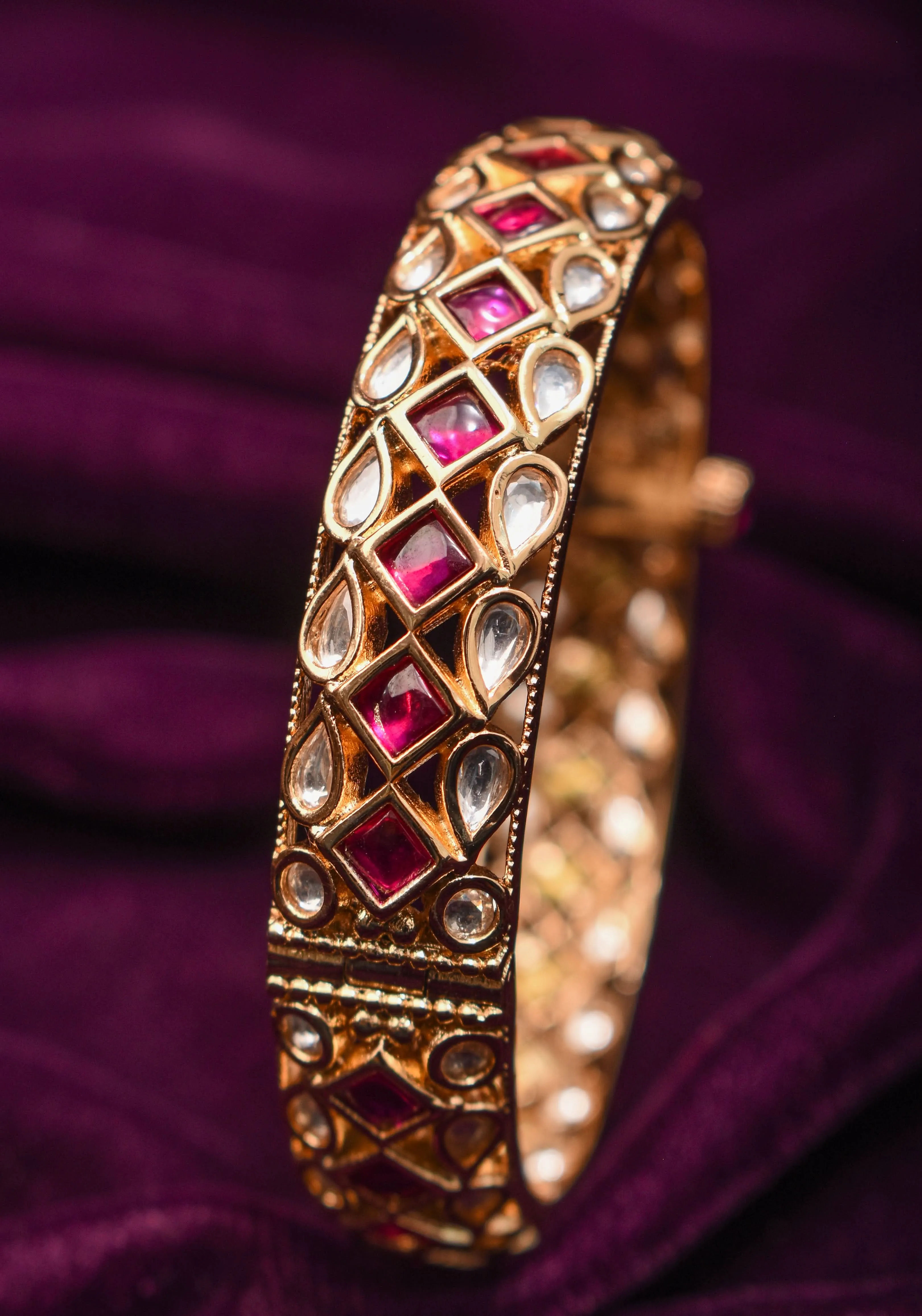 White and Pink Kemp Stone Studded Openable kada - Single Piece |Shobitam Jewelry