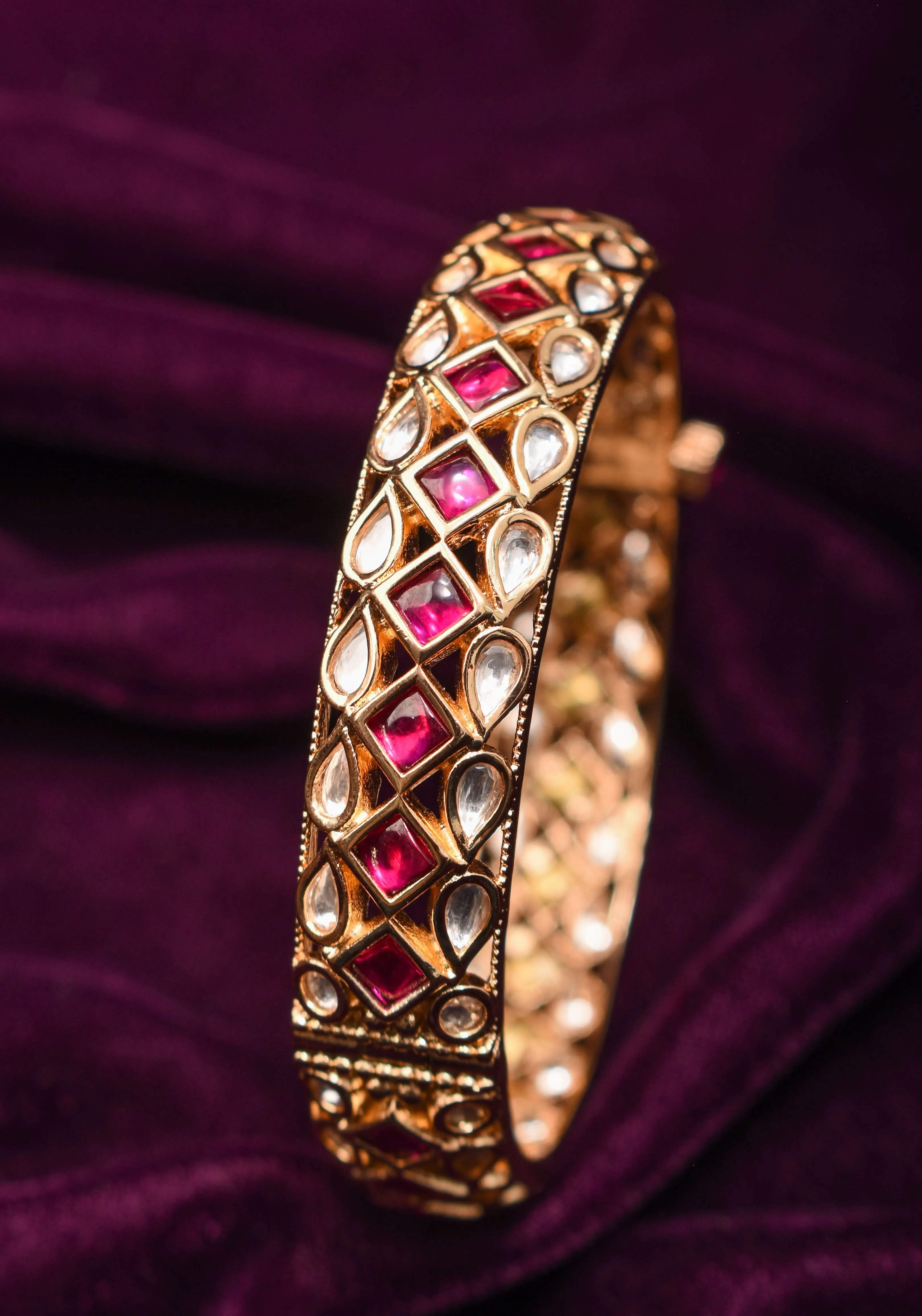 White and Pink Kemp Stone Studded Openable kada - Single Piece |Shobitam Jewelry