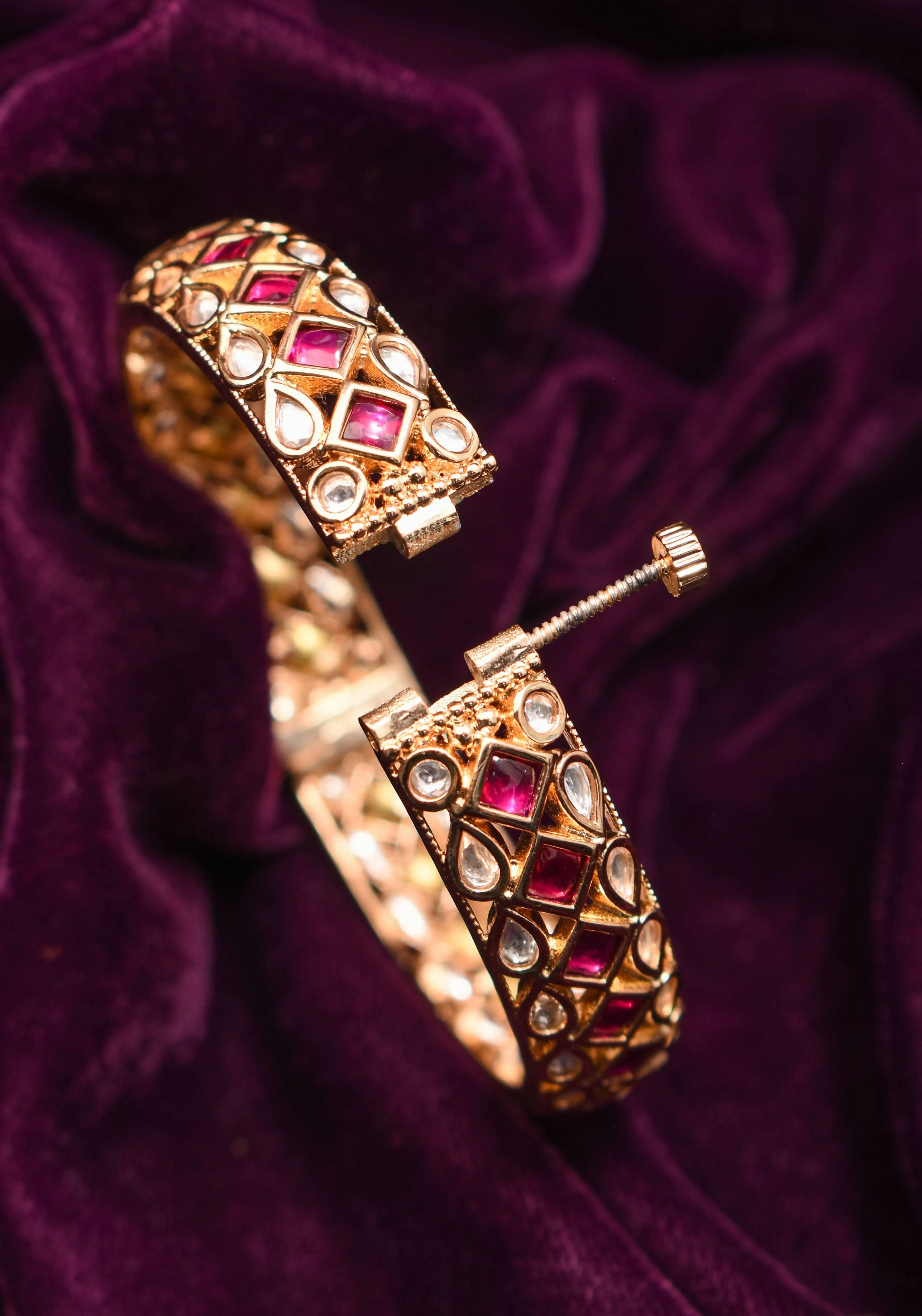 White and Pink Kemp Stone Studded Openable kada - Single Piece |Shobitam Jewelry