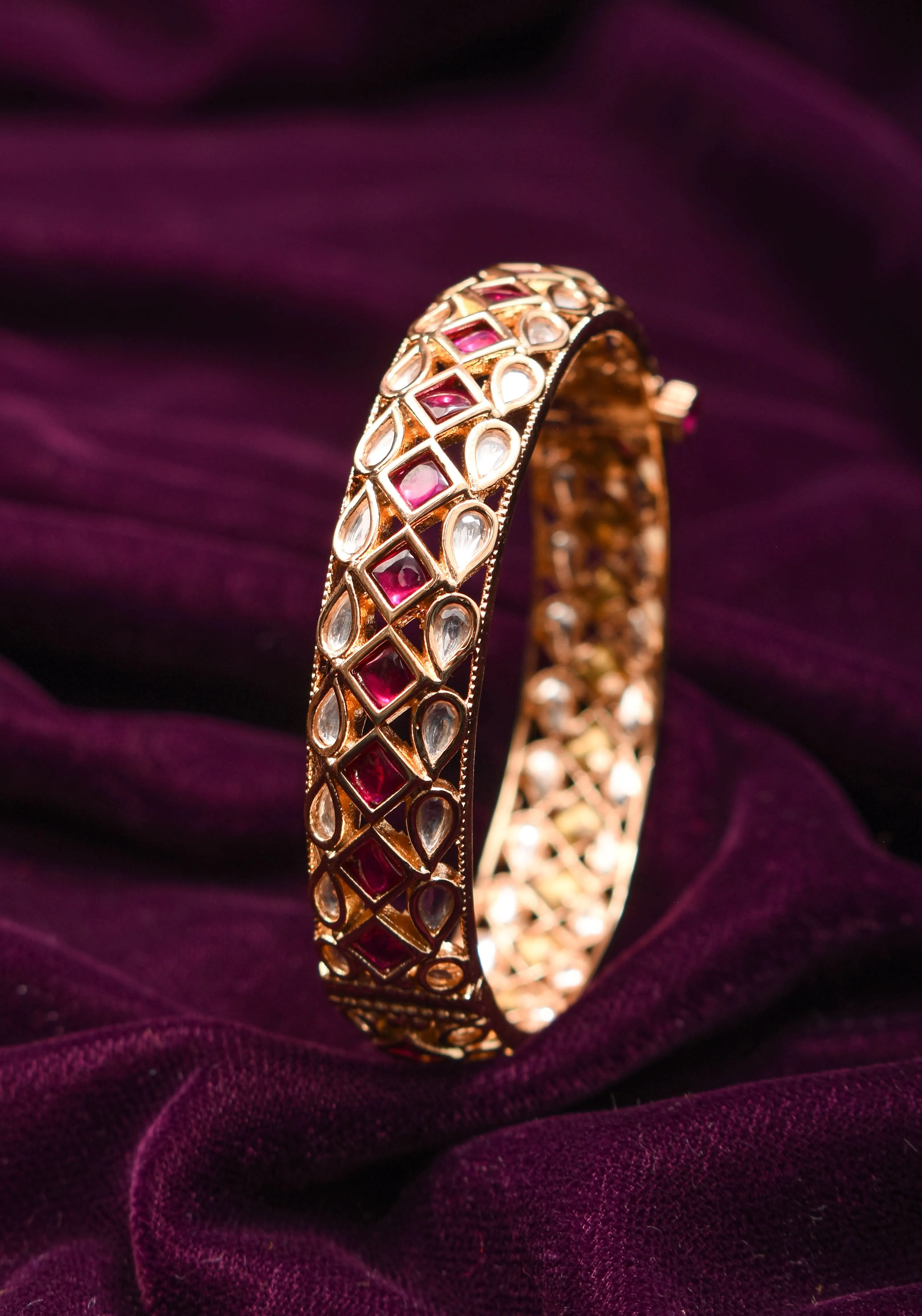 White and Pink Kemp Stone Studded Openable kada - Single Piece |Shobitam Jewelry