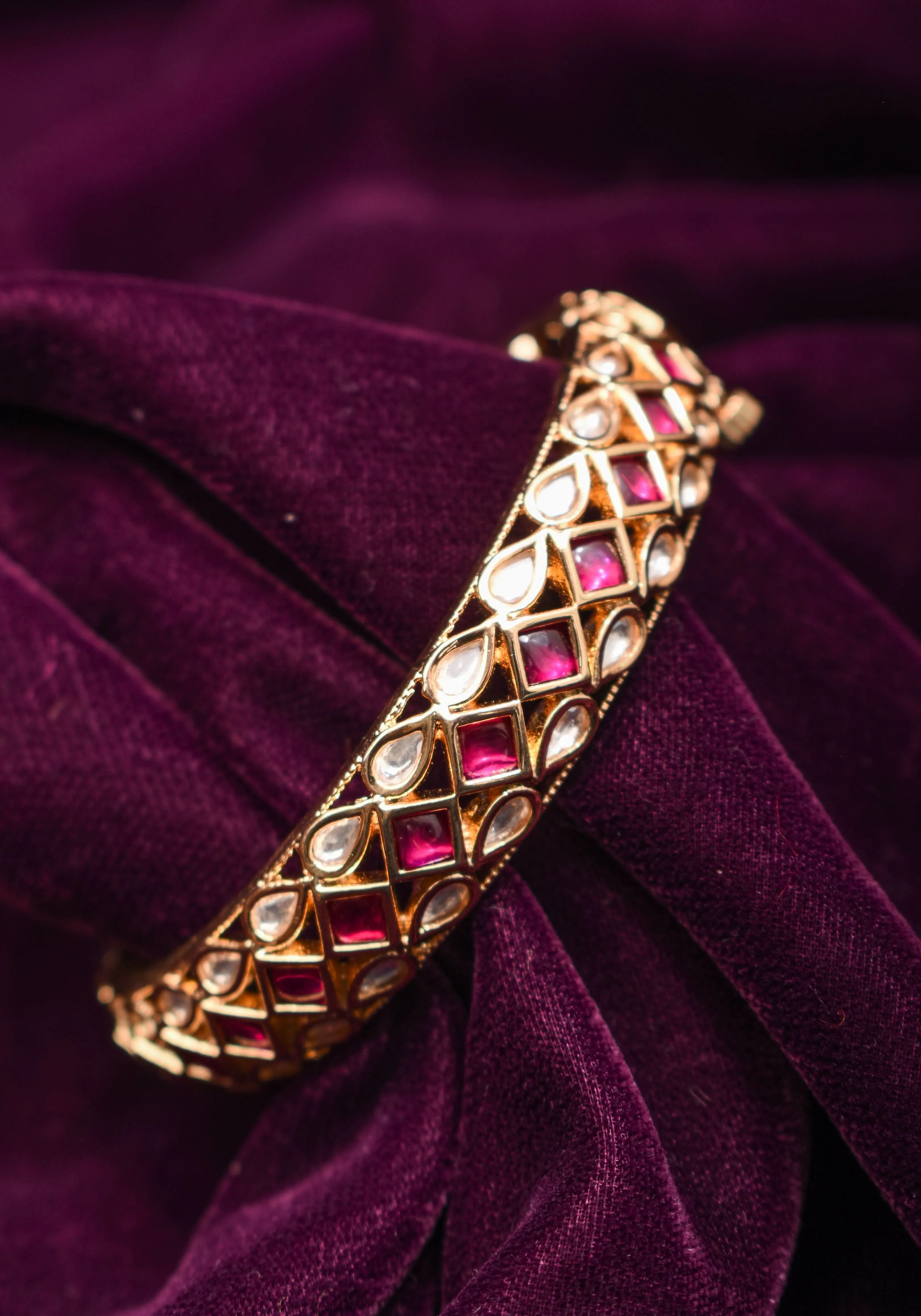 White and Pink Kemp Stone Studded Openable kada - Single Piece |Shobitam Jewelry