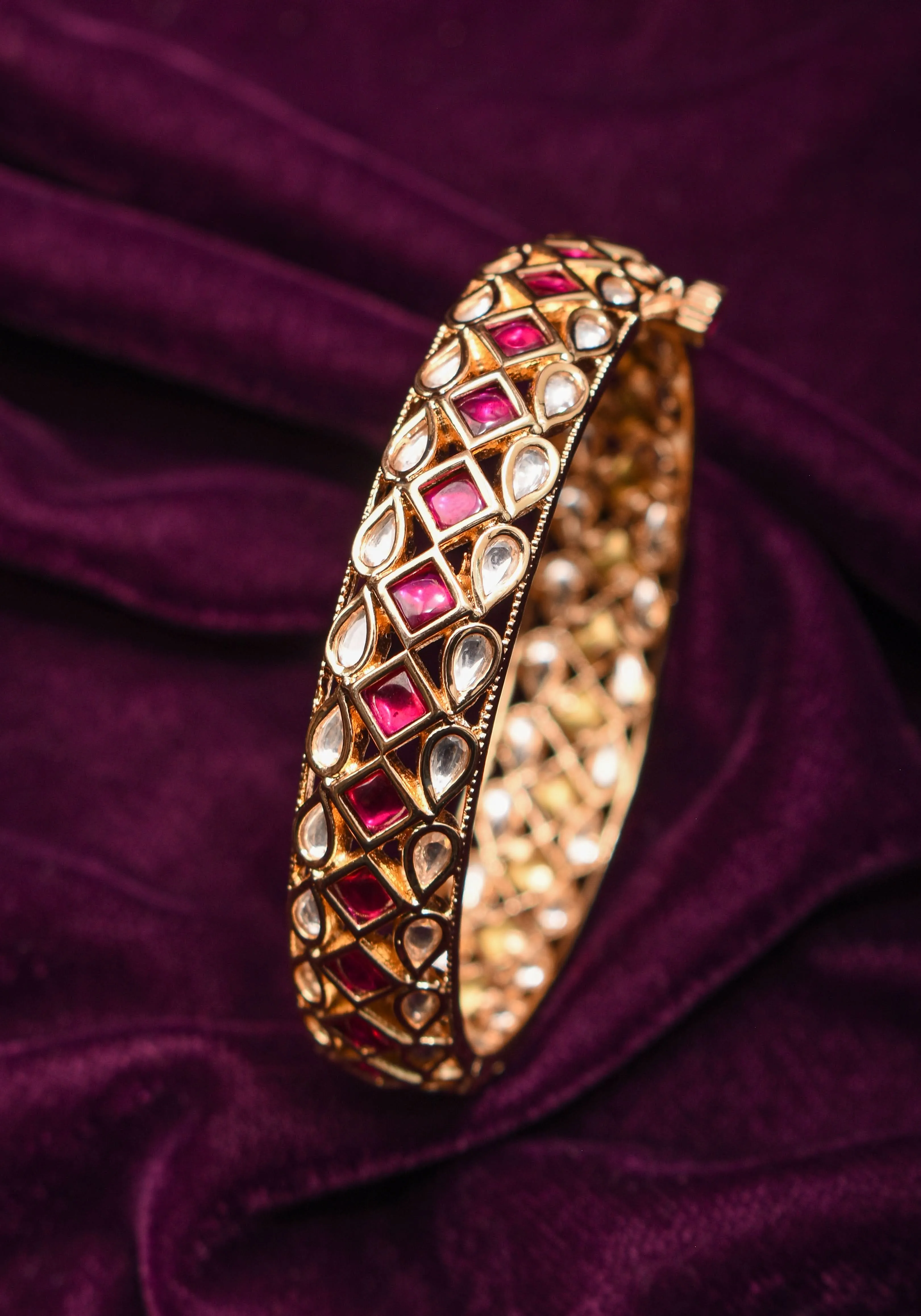White and Pink Kemp Stone Studded Openable kada - Single Piece |Shobitam Jewelry