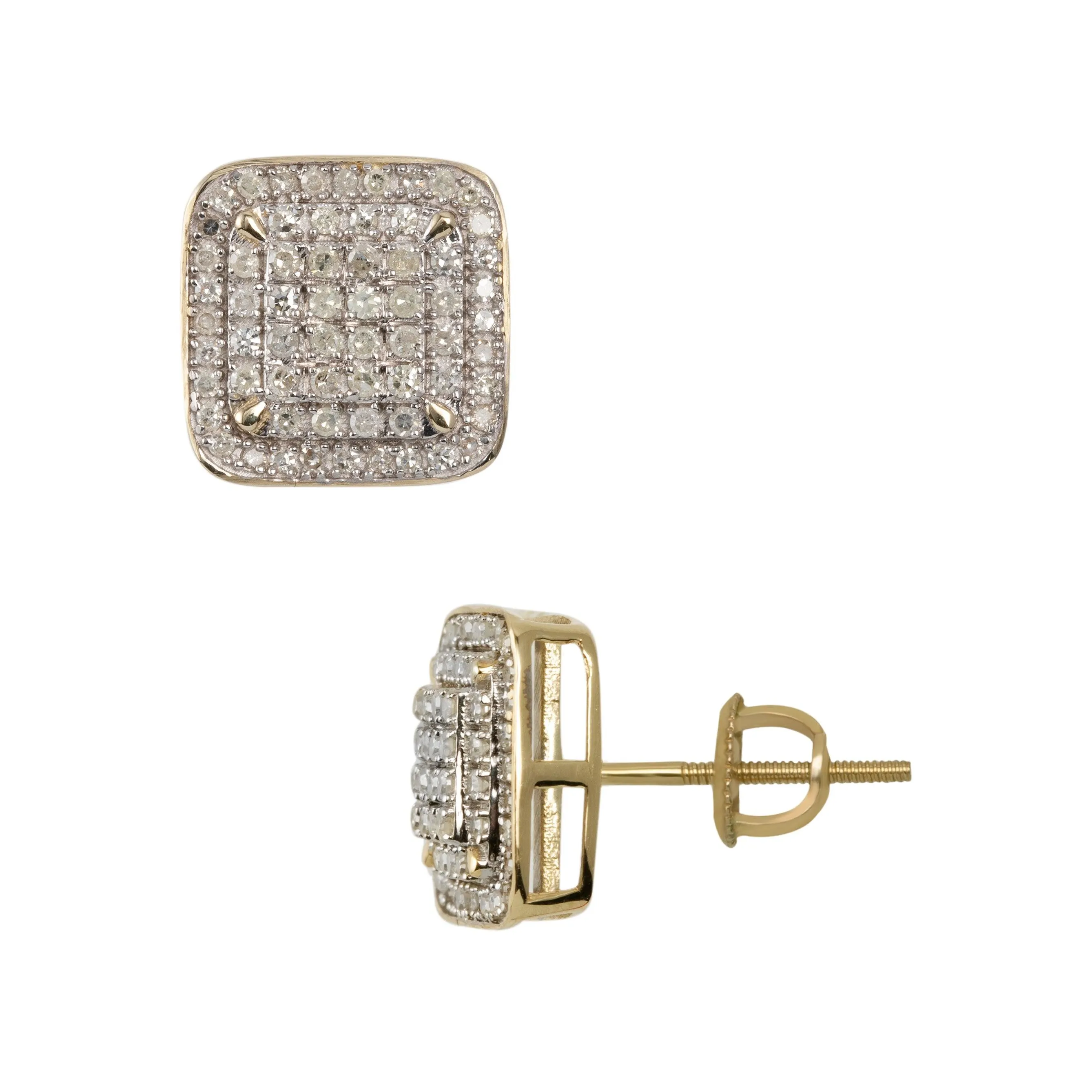 Women's Halo Micro-Pavé Square Diamond Stud Earrings 0.60ct 10K Yellow Gold
