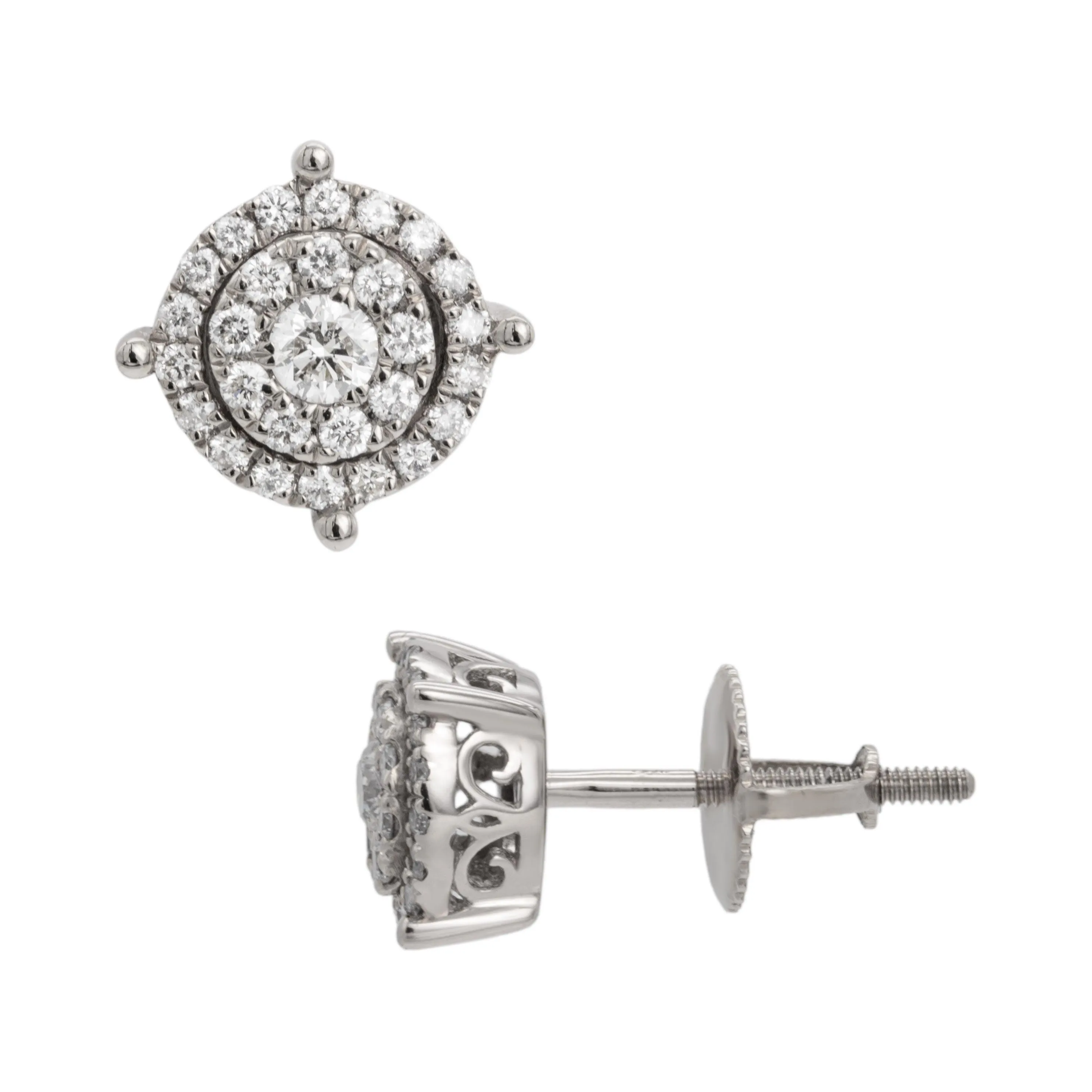 Women's Round Double Halo Cluster Diamond Stud Earrings 0.60ct 14K White Gold