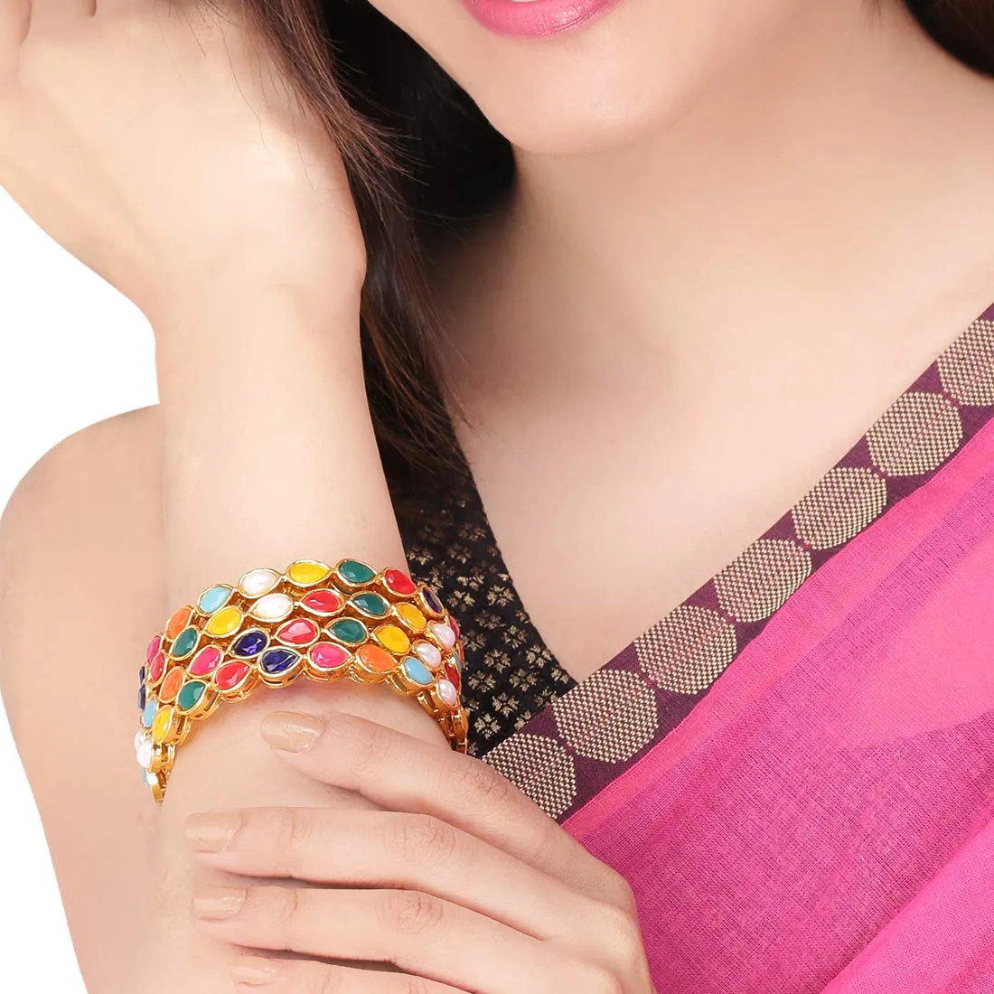 Yellow Chimes Ethnic Gold Plated Multicolor Stone Studded Traditional 4 Pcs Bangles Set for Women and Girls (2.6)