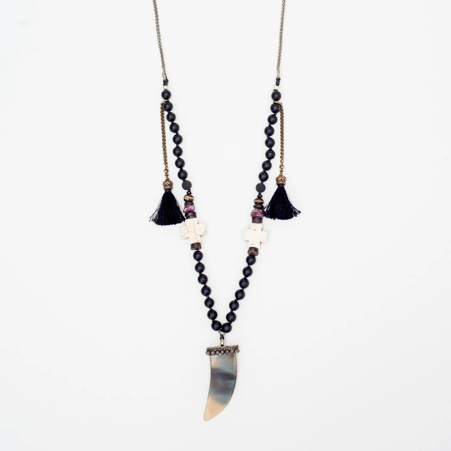 Zeus Raw Ruby and Onyx Ornate Cross Necklace