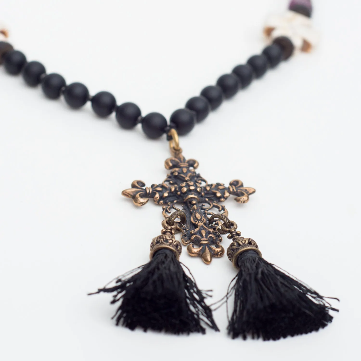Zeus Raw Ruby and Onyx Ornate Cross Necklace