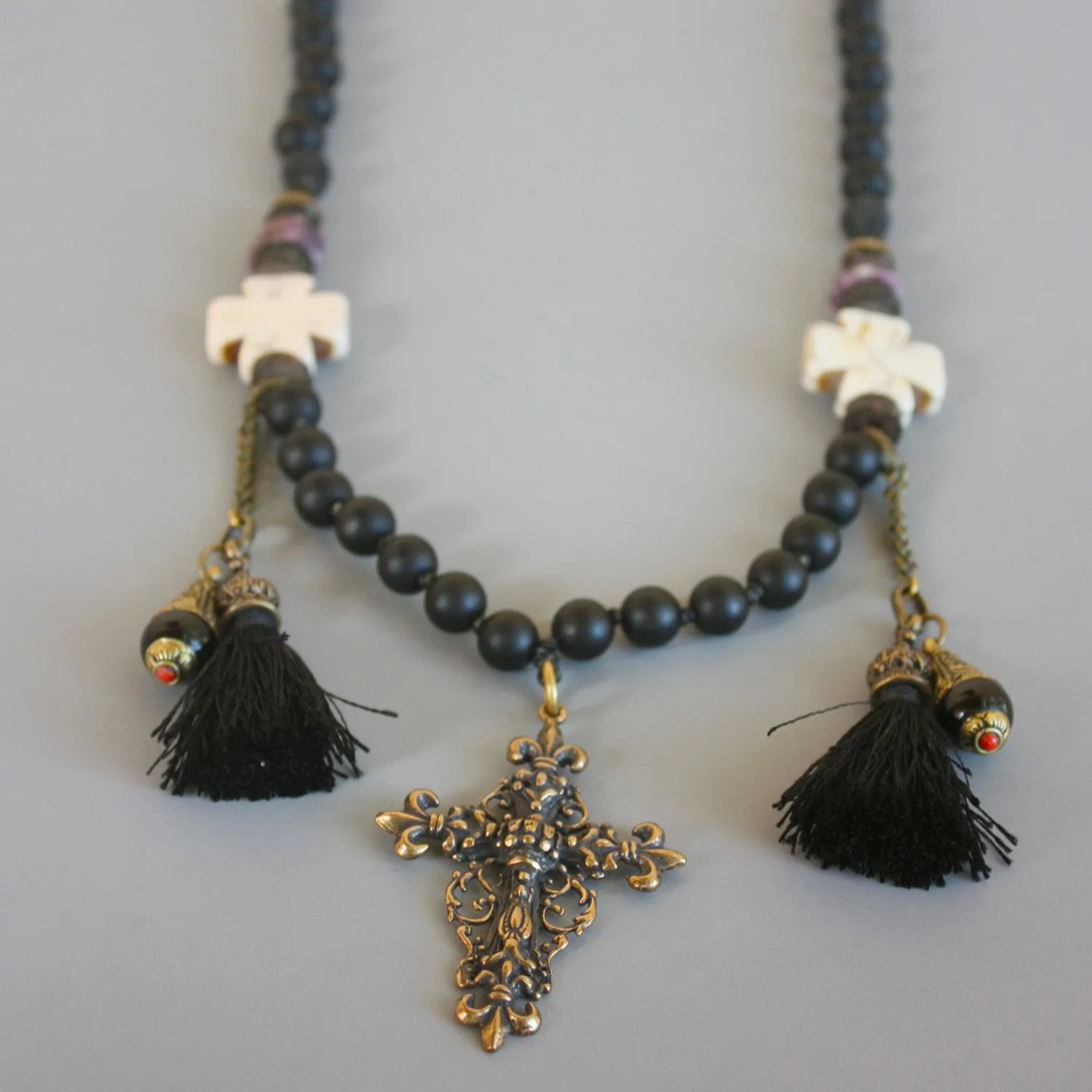 Zeus Raw Ruby and Onyx Ornate Cross Necklace