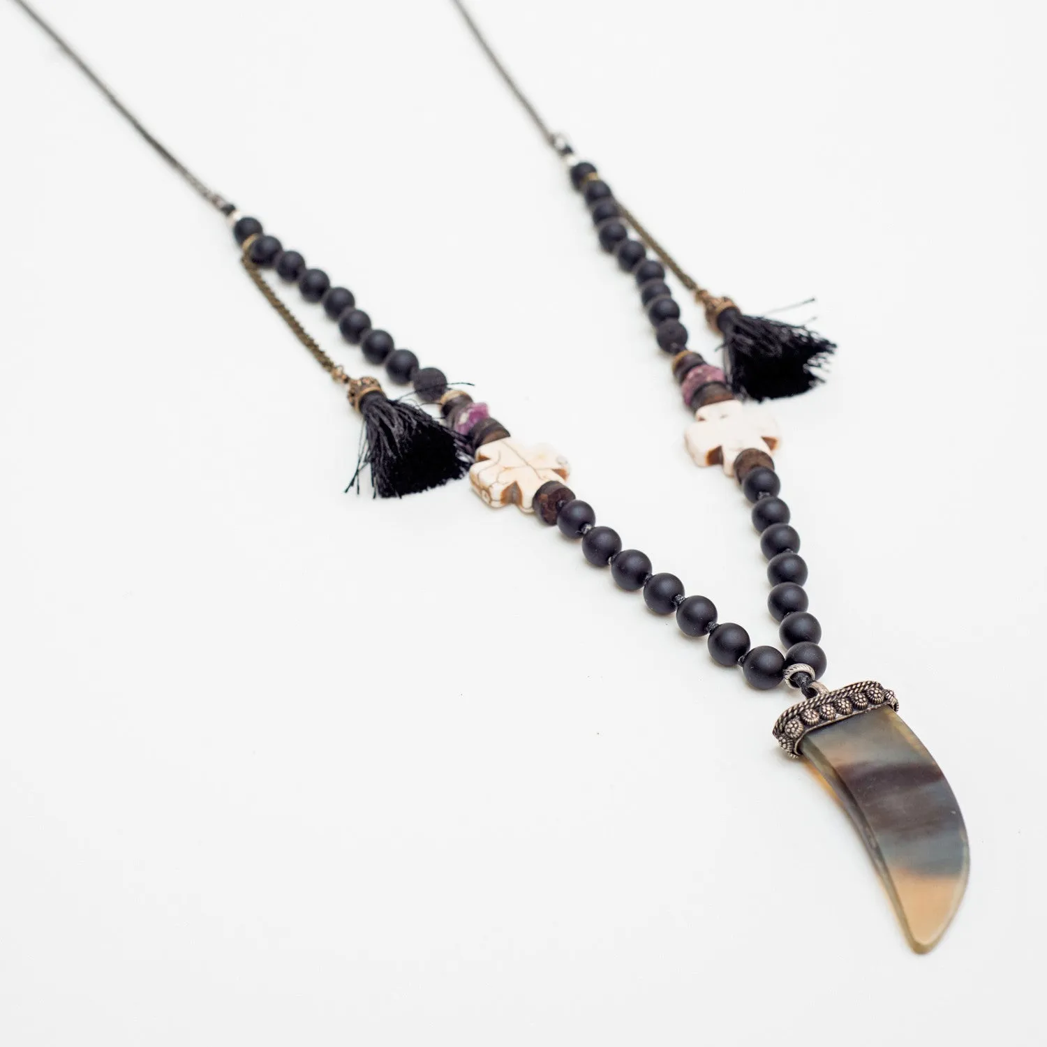 Zeus Raw Ruby and Onyx Ornate Cross Necklace
