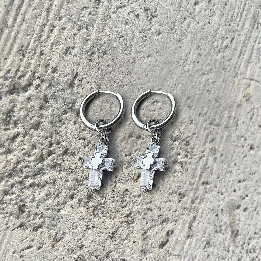 Zircon Cross Stainless Steel Drop Earrings