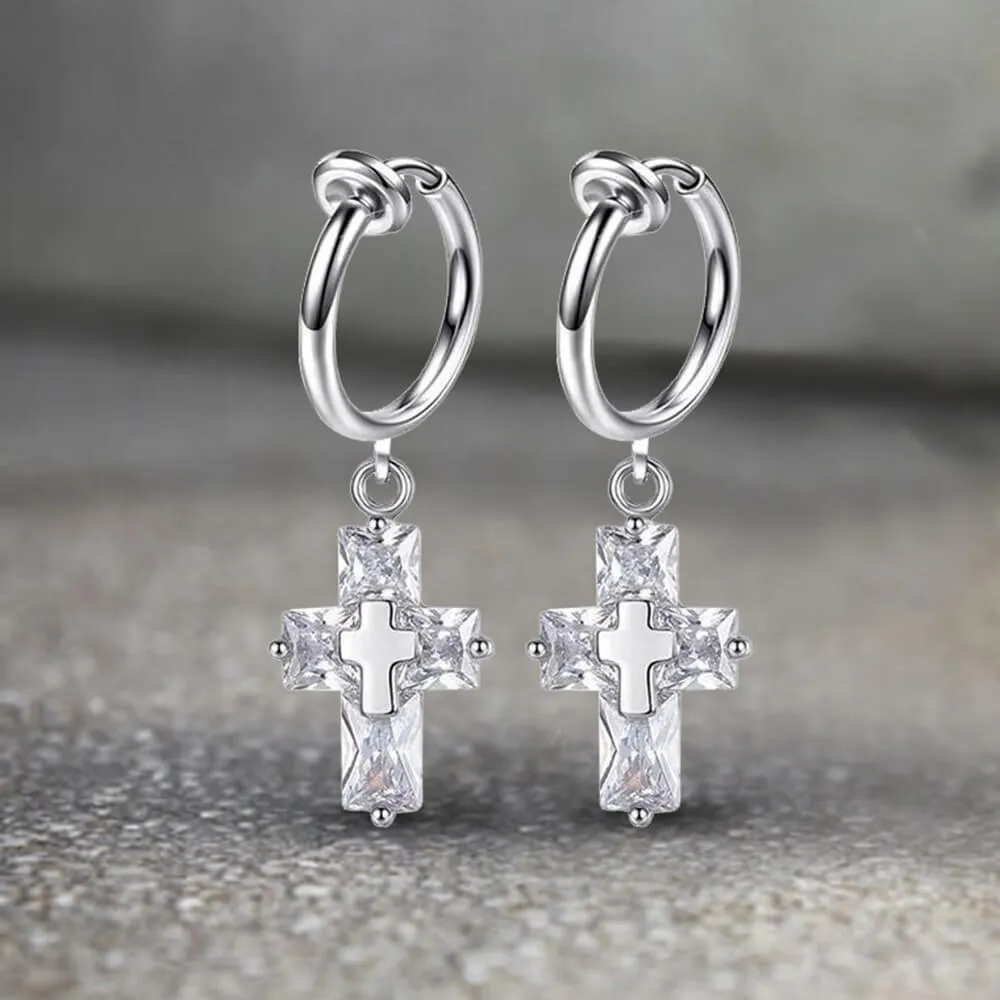 Zircon Cross Stainless Steel Drop Earrings